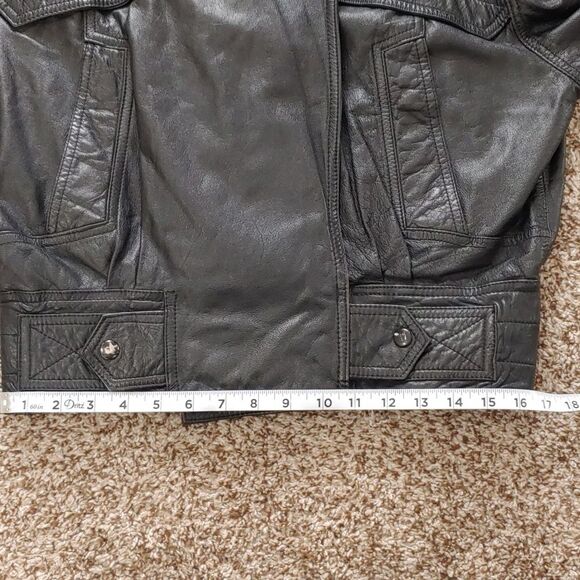 VTG Black Leather Bomber Jacket Byrnes & Baker Unisex Moto Jacket Size Small - Picture 9 of 10
